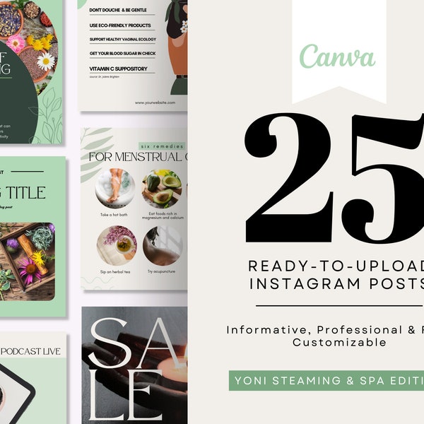 25 Instagram Template Posts Canva, Yoni Wellness & Spa Business Emerald Green Bohemian Chic Templates, V-steam Yoni Steam, Yoni Specialist