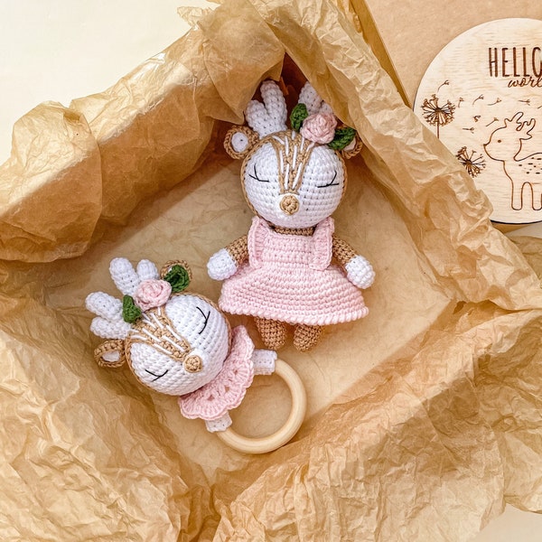 Deer baby girl gift box for pregnant sister, Deer stuffed baby toy, Welcome baby girl gift