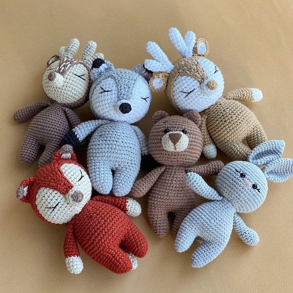 Knitted toys deer, bear, fox, wolf, bunny, Small pregnancy baby woodland animals toys gift