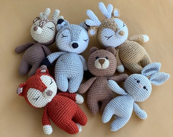 Knitted toys deer, bear, fox, wolf, bunny, Small pregnancy baby woodland animals toys gift