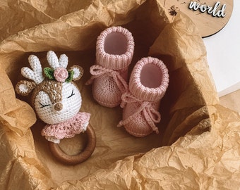 Herten baby meisje geschenkdoos voor zwangere zus, beste cadeau idee voor baby meisje, baby meisje cadeauset met roze motorkap, slofjes