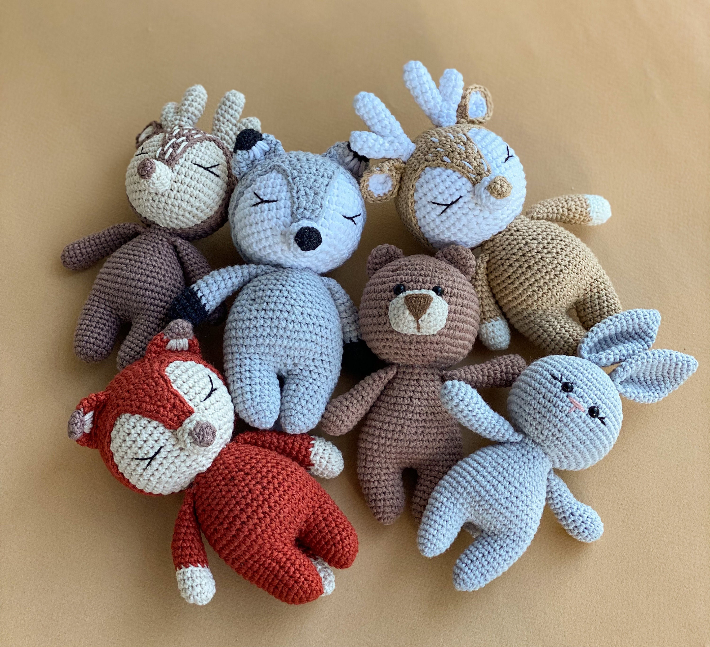 Knitted toys deer, bear, fox, wolf, bunny, Small pregnancy baby woodland animals toys gift