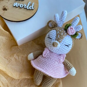 First birthday gift toddler plush toy deer fox bear bunny wolf, Woodland animals nursery items, Small pregnancy baby toys gift Deer in dress