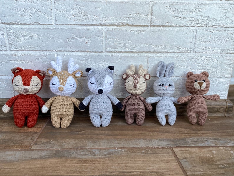 First birthday gift toddler plush toy deer fox bear bunny wolf, Woodland animals nursery items, Small pregnancy baby toys gift image 1