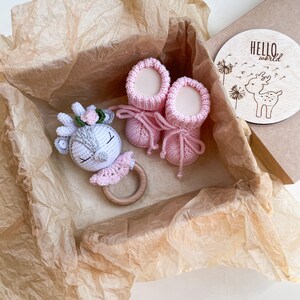 Deer baby girl gift box for pregnant sister, Deer rattle, Woodland baby shower gift Rattle+booties