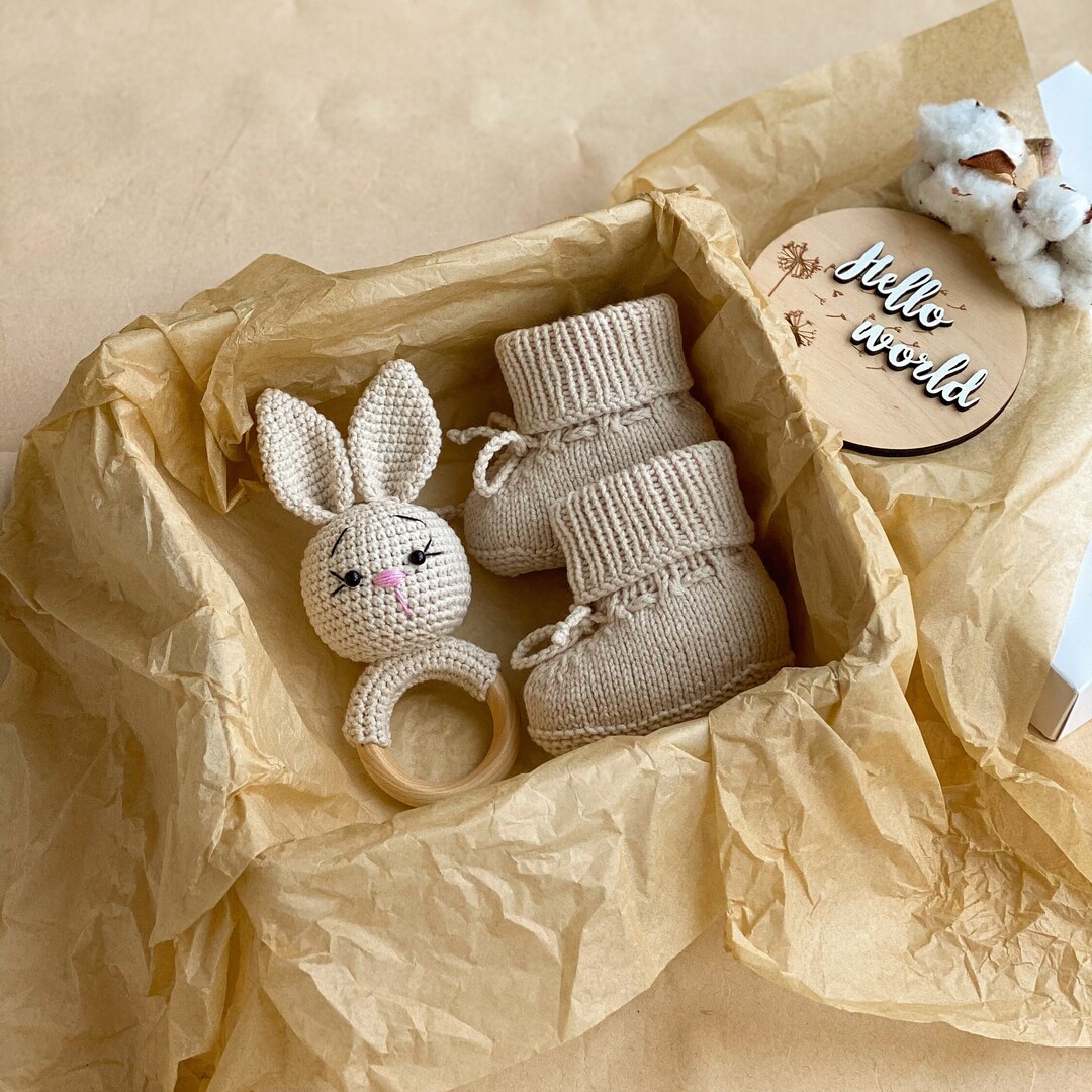 Crochet Bunny Rattle & Booties Gift Set: Gender Neutral Baby Shower - Etsy