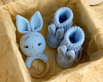 Baby boy gift box for expecting mom basket, New baby boy expecting, Bunny boots for newborn
