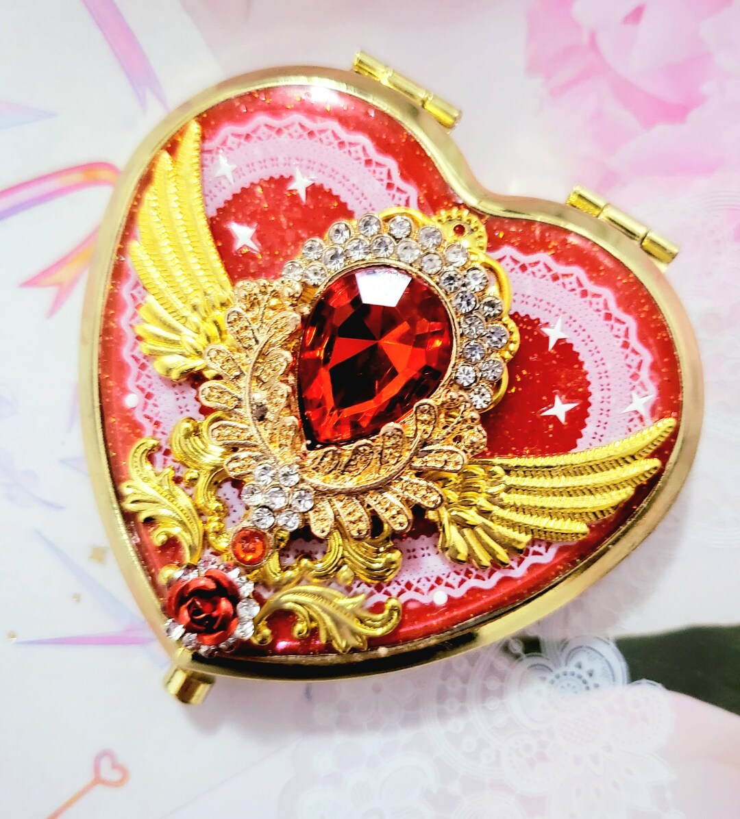 Heart Resin Compact Mirror/ Jewel Compact Mirror / Resin Compact Mirror / Crystal Compact Mirror