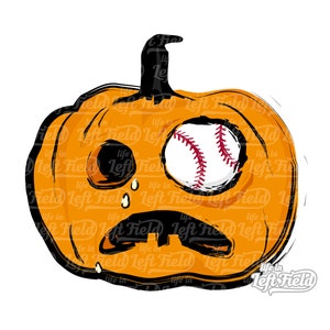 Puede incluir: Una calabaza de dibujos animados con una pelota de béisbol como ojo, un ojo morado y una lágrima que le cae por la mejilla. La calabaza es naranja y tiene un tallo negro. El fondo es blanco.