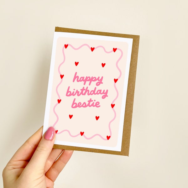 Happy Birthday Bestie Wavy Hearts | Bestie Birthday Card, Best Friend Birthday, Cute Birthday Card for Bestie, Love You Bestie | A6 Card