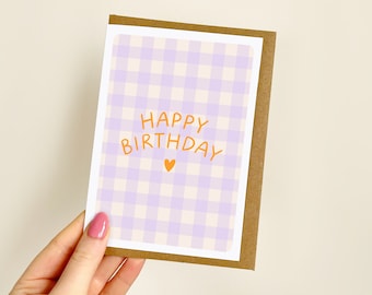 Happy Birthday Heart Lilac Gingham Card | Cute Birthday Card for Her, Bestie Birthday Card, Birthday Card for Sister, Auntie, Mum | A6 Card