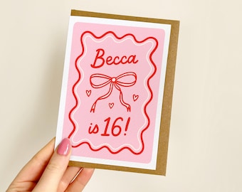 PERSONALISED Name is 16 Bow Card | Birthday Age Card, Sixteenth Birthday, Sweet 16 Card, 16th Birthday Card, Bow, Custom Name Card | A6 Card