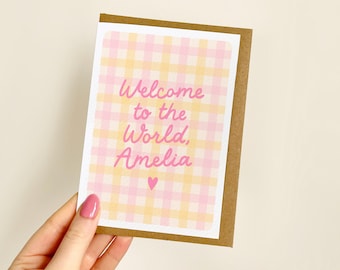 PERSONALISED Welcome Name Pink Card | Personalised New Baby Card, New Baby Girl Card, Pink Baby Card, Its A Girl, Baby Shower | A6 Card