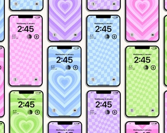 Retro Hearts & Check iPhone Wallpaper Bundle, Phone Lock Screen, iOS Wallpapers, Quotes, Digital Download | BW Illustrations