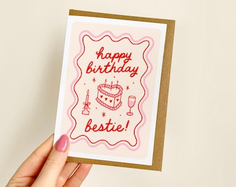 Happy Birthday Bestie Heart Cake Card | Bestie Birthday Card, Best Friend Birthday, Cute Birthday Card for Bestie, Love You Bestie | A6 Card