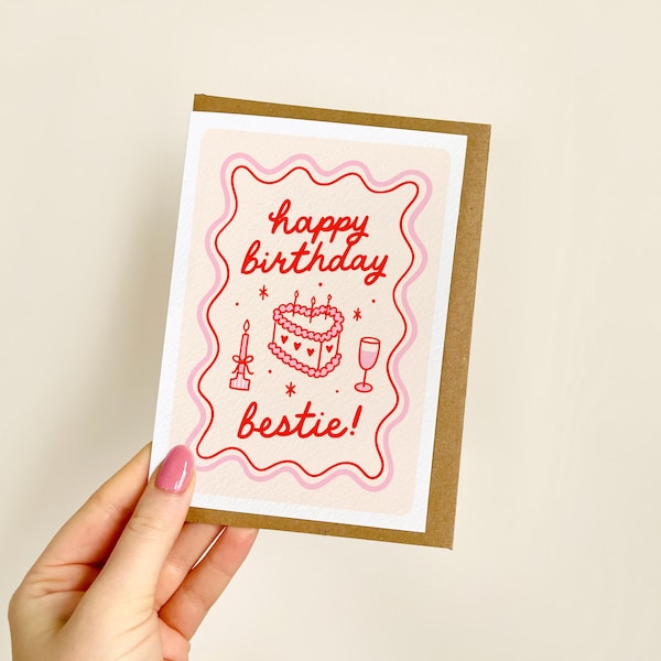 Happy Birthday Bestie Heart Cake Card | Bestie Birthday Card, Best Friend Birthday, Cute Birthday Card for Bestie, Love You Bestie | A6 Card