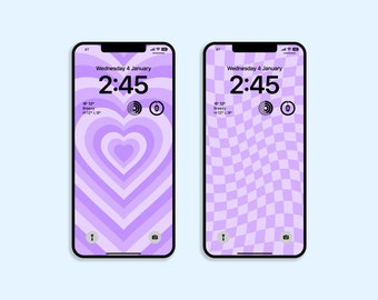 Retro Purple Heart & Check iPhone Wallpaper Bundle, Phone Lock Screen, iOS Wallpapers, Quotes, Digital Download | BW Illustrations