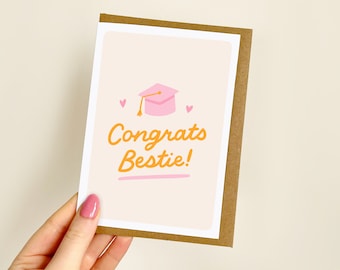 Graduation Congrats Bestie Pink Card | Congratulations On Your Graduation, Finished University, Best Friend Grad, 2024 Grad Gift | A6 Card