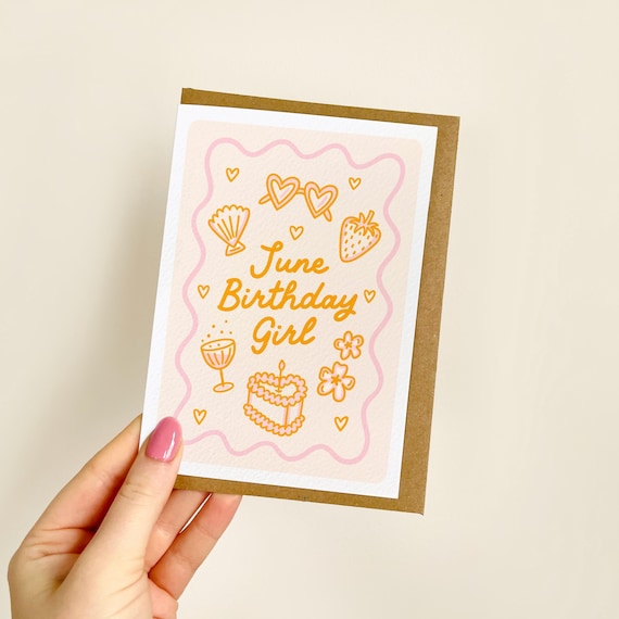 June Birthday Girl Card | June Birthday Gift, Gemini Birthday, Cancer Birthday, Bestie Birthday Card, Cute Summer Birthday Invite | A6 Card