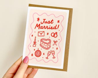 Just Married Red Illustrations Card | Cute Wedding Card, Best Friend Wedding, Congrats On Your Wedding Day, Happy Wedding Day | A6 Card