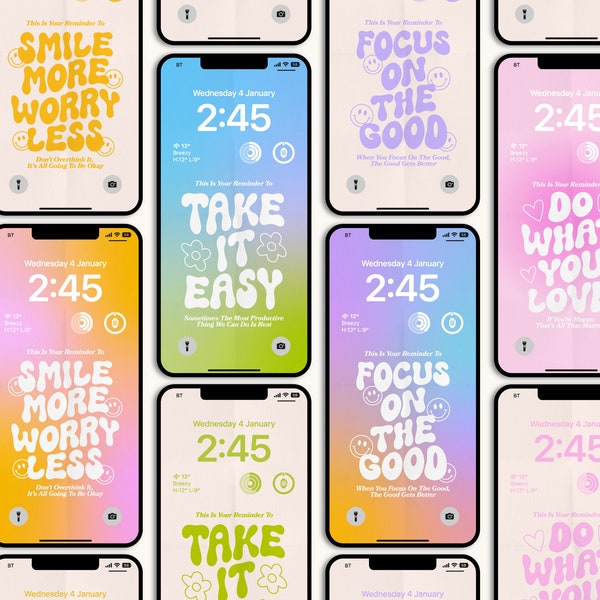 Retro Quotes iPhone Wallpaper Bundle, Phone Lock Screen, iOS Wallpapers, Positive Quotes, iOS 16, Digital Download | BW Illustrations