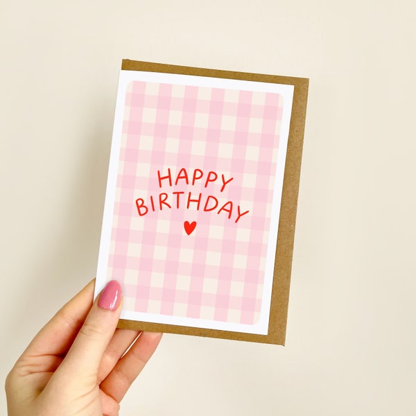 Happy Birthday Heart Pink Gingham Card | Cute Birthday Card for Her, Bestie Birthday Card, Birthday Card for Sister, Auntie, Mum | A6 Card