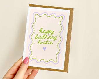 Happy Birthday Bestie Green Wavy Card | Bestie Birthday Card, Best Friend Birthday Card, Cute Bestie Card, Love You Bestie | A6 Card