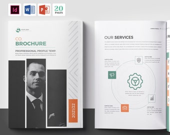 PPT & Docx Brochure Template, 20 Pages | company profile | presentation | landscape | powerpoint | word template | word brochure