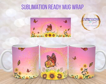 Mug wrap sunflower PNG ,Butterfly mug template , Sunset instant download sunflower design for sublimation 11 oz and 15 oz, Mug digital, gift