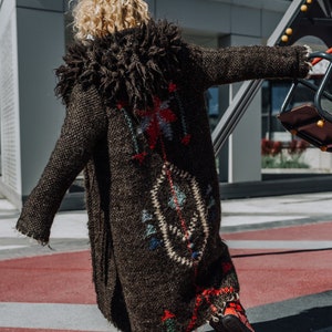Brown long wool coat with hood and unique geometric pattern on the back image 2