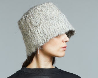Gray Handmade Wool Bucket Hat Winter Warm Hat