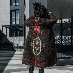 Brown long wool coat with hood and unique geometric pattern on the back image 1