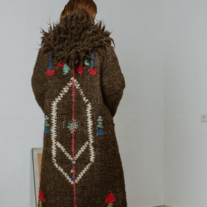 Brown long wool coat with hood and unique geometric pattern on the back image 6