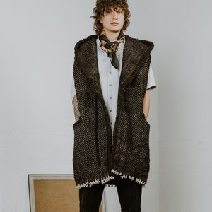 Black Long Wool Vest Sleeveless Coat With a Hood Handmade From Natural Materials