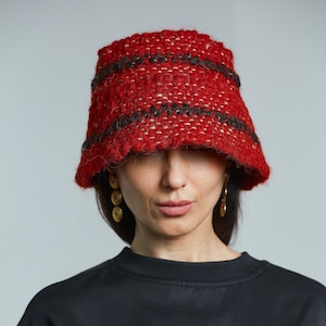 Wool Bucket Hat With Black Striped Pattern Chunky Knite Hat Womens Mens Wool Hat Unisex image 1