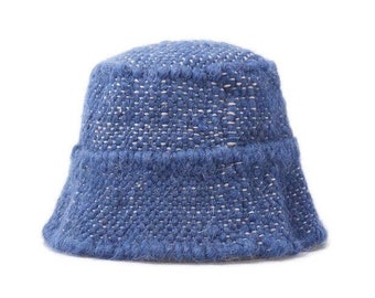 Blue bucket hat, handmade hat, wool panama knit hat, women's hat