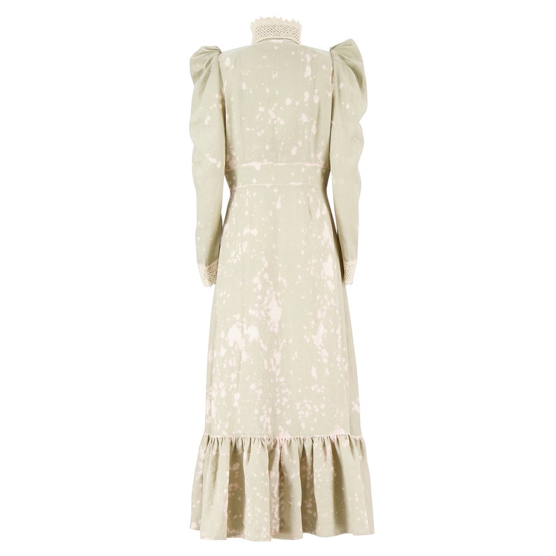 Handmade long linen tea dress with elegant high collar on buttons. Edwardian tea dress. Vintage bohemian dress. image 10