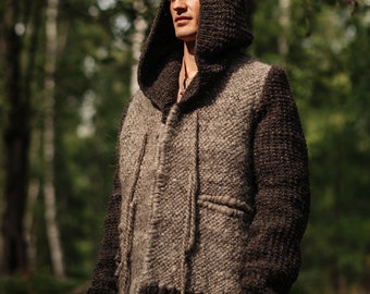 Jacket with Hood Wool Warm woolen sweatshirt for man, Hippie Coat Brown Green, Warm Sring Wool Coat Thick