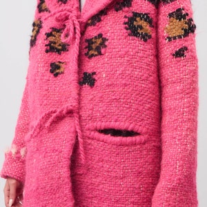 Winter wool coat, women's warm coat, Pink coat with leopard print and large hood. image 4