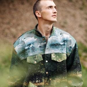 Bomber Tapestry with swans. Tapestry carpet jacket with animal print, bomber jacket. Upcycling image 10