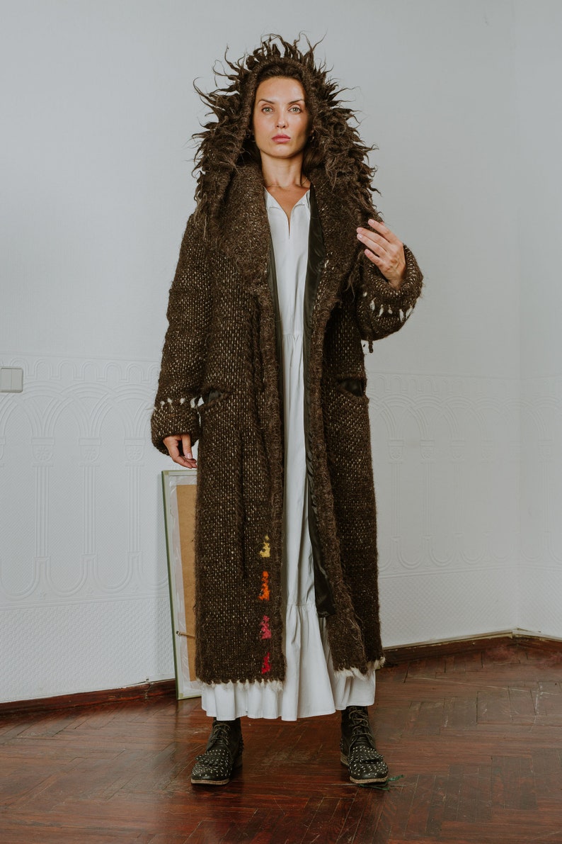 Brown long wool coat with hood and unique geometric pattern on the back image 9