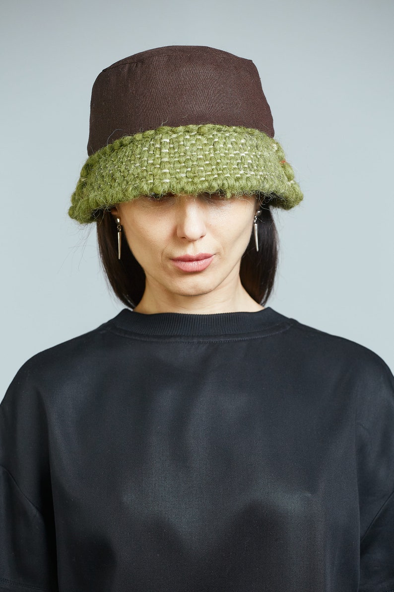 Green Hat Woolen Winter Bucket Hat Knitted Bucket Hat Eco Friendy image 4