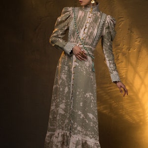 Handmade long linen tea dress with elegant high collar on buttons. Edwardian tea dress. Vintage bohemian dress. image 5