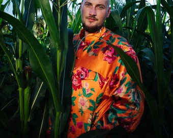 Upcycled Bomber Tapestry Jacket, Orange Autumn Jacket with Unique Tapestry Carpet Design