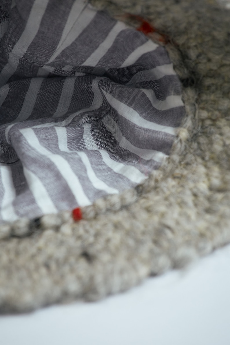 Wool Grey Hat Bucket With Herringbone Print. Handmade Winter Hat. Warm