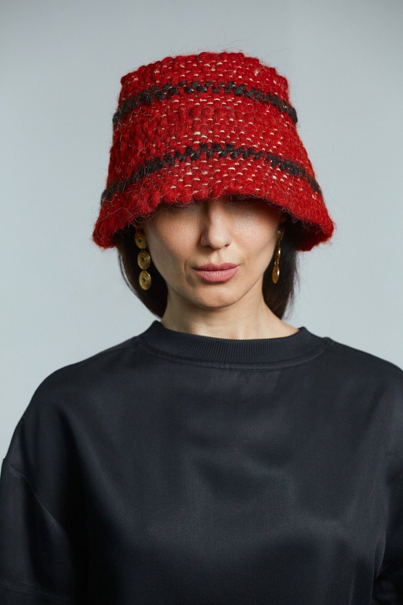 Wool Bucket Hat With Black Striped Pattern Chunky Knite Hat Womens Mens Wool Hat Unisex image 1