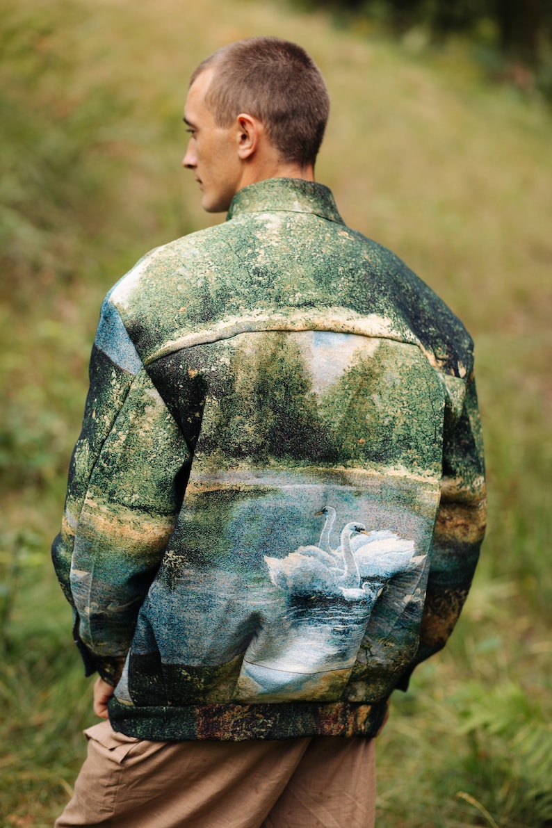 Bomber Tapestry with swans. Tapestry carpet jacket with animal print, bomber jacket. Upcycling image 1