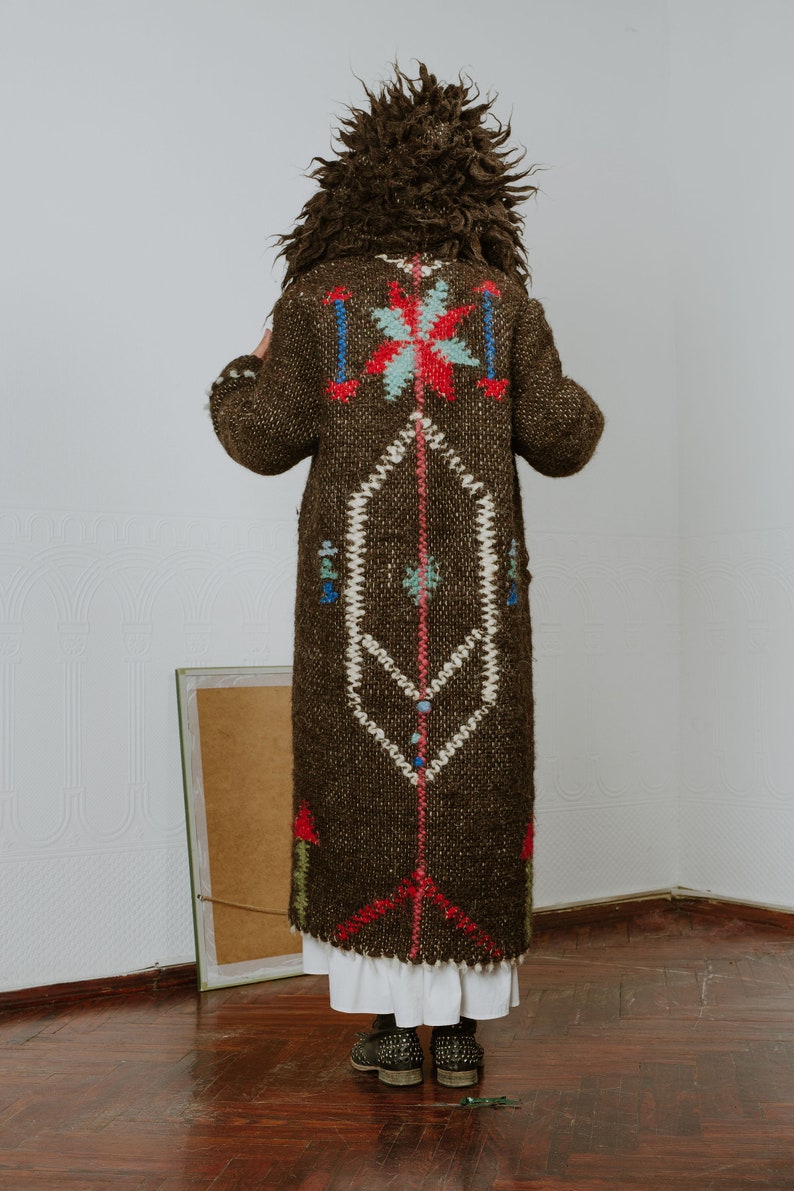 Brown long wool coat with hood and unique geometric pattern on the back image 7