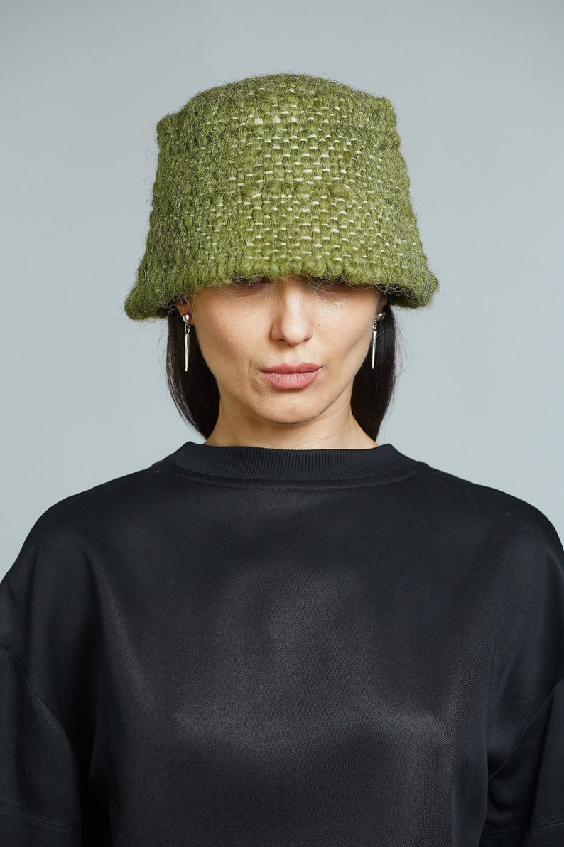 Green Hat Woolen Winter Bucket Hat Knitted Bucket Hat Eco Friendy image 3