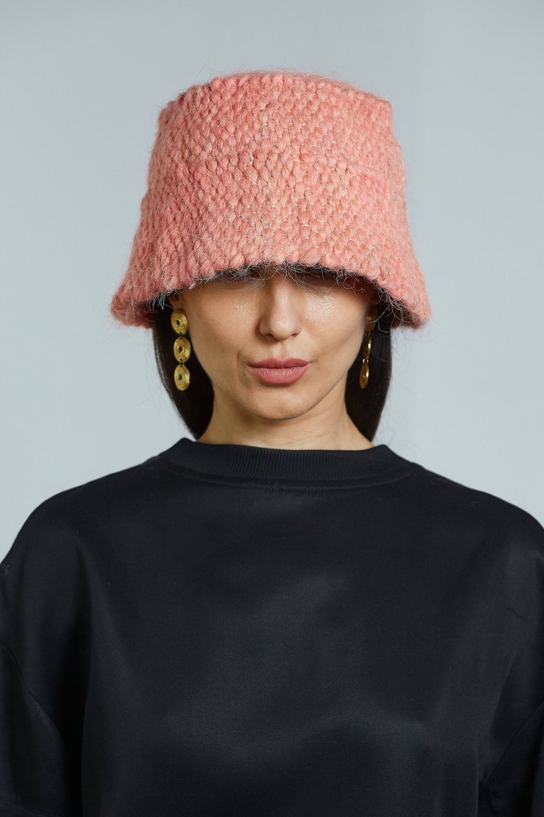 Dusty pink handmade fisherman hat bucket hat wool winter hat